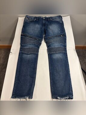 Rock Revival Daviday Slim Fit Ribbed Zipper Distressed Moto Blue Jeans 38x32
